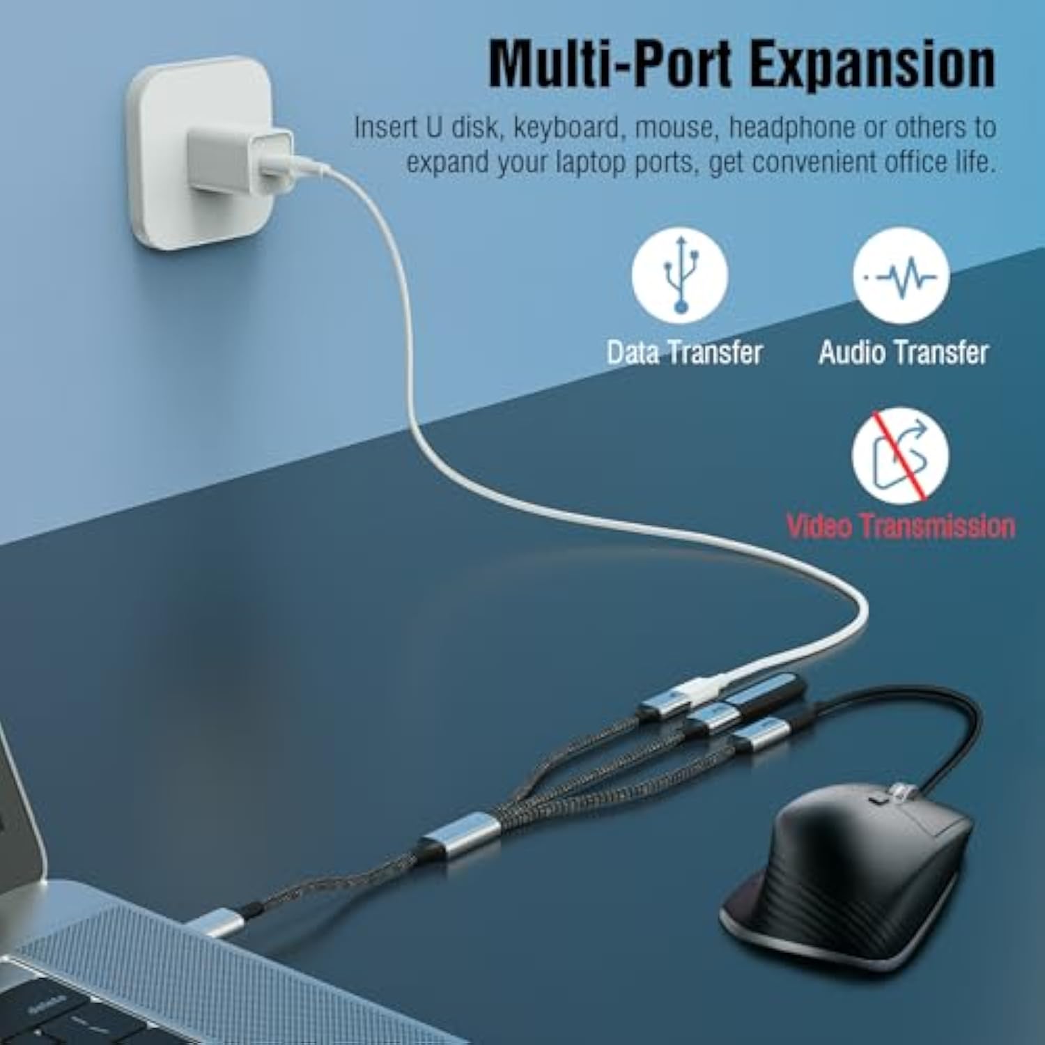 Usb C Splitter Adapter Y Cable, Usb-C Male To 2 Usb-C Female & 1 Usb-A Female