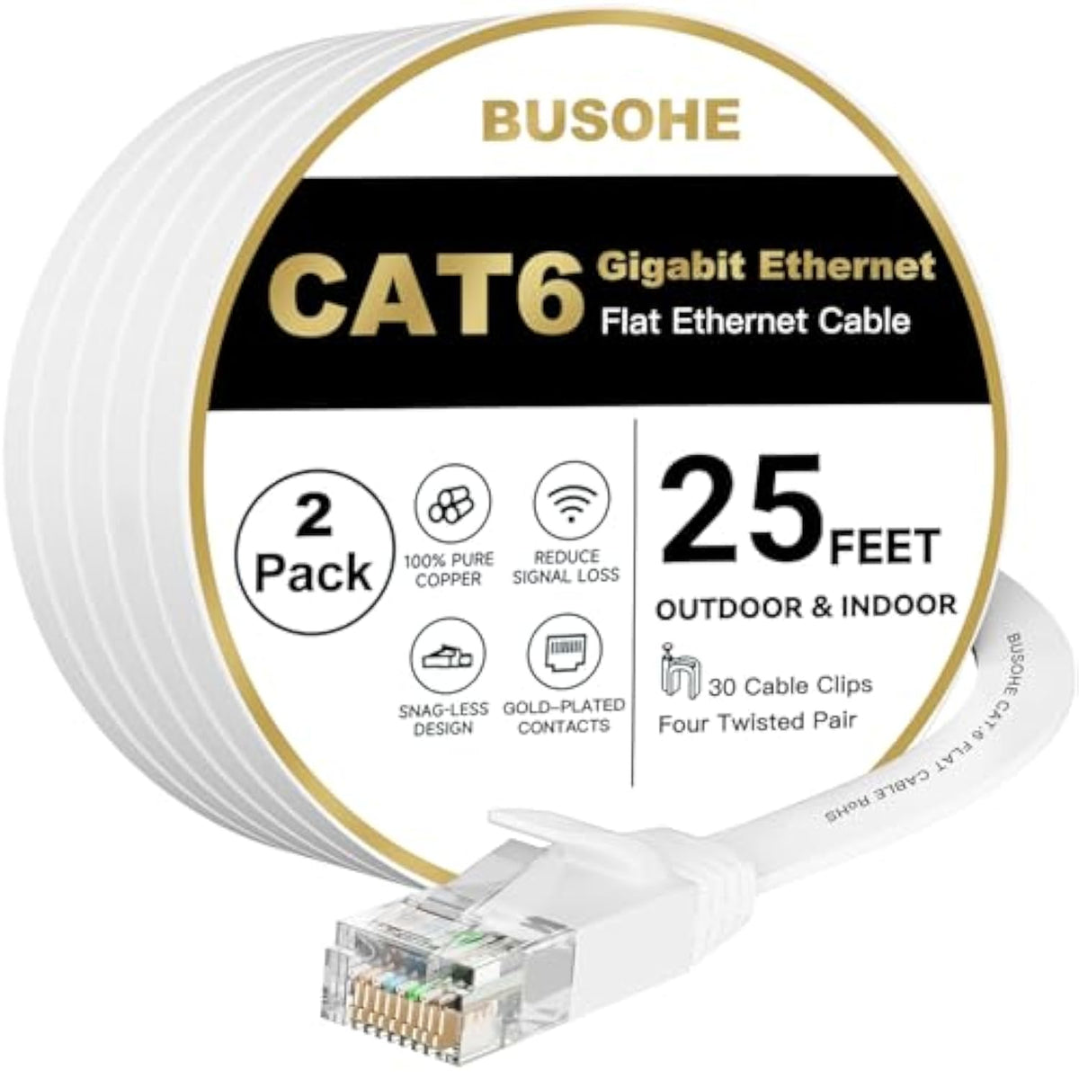 Cat6 Ethernet Cable 25 Ft 2Pack White, Cat-6 Flat Rj45 Computer Internet Lan N