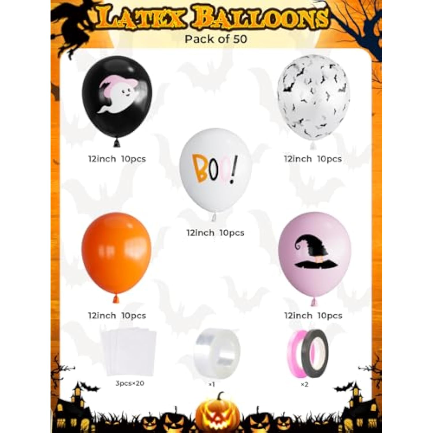 50 Pack Halloween Balloons 12 Inch Pink Black Orange White with Ghost Bat Designs