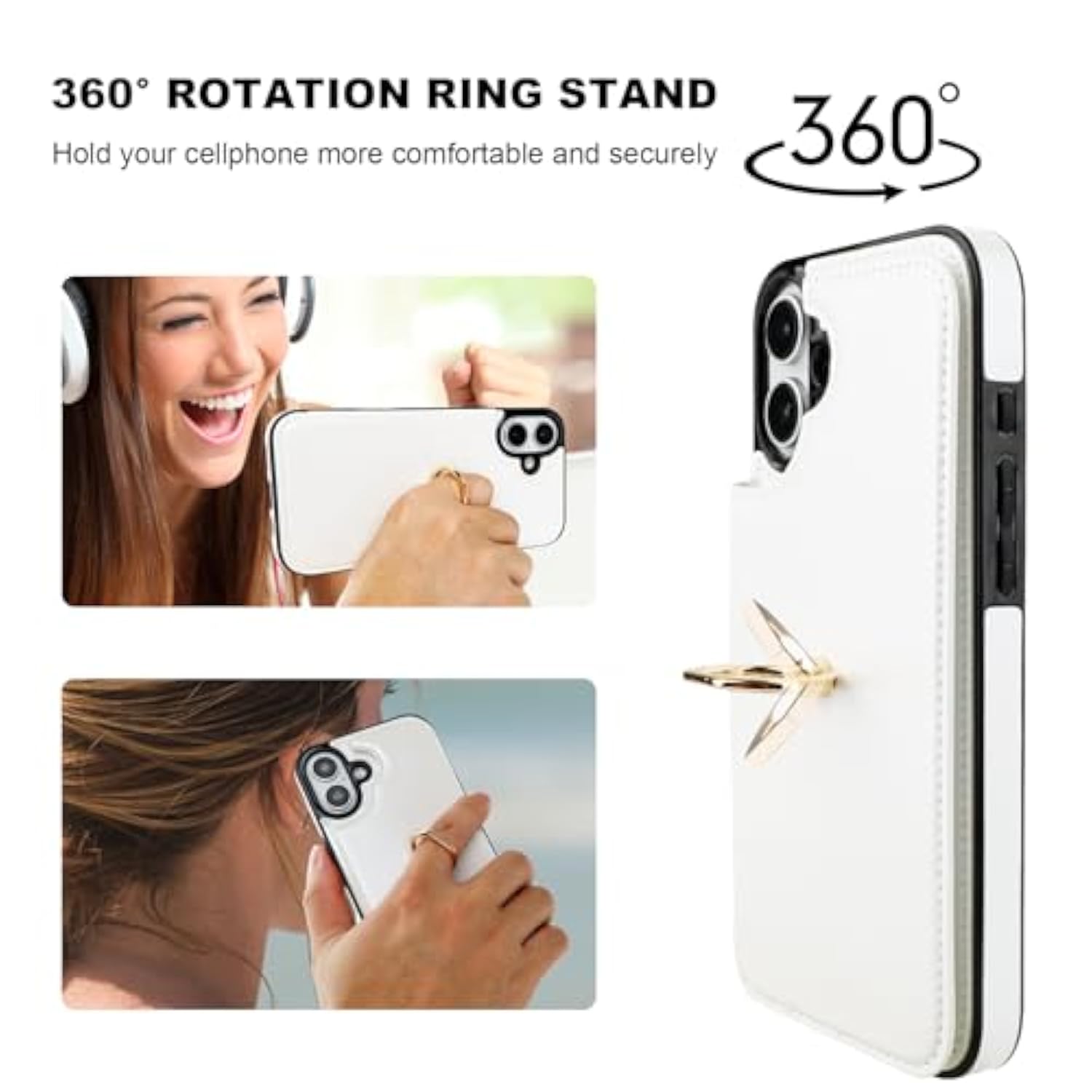 Onetop For Iphone 16 Plus Wallet Case With Card Holder, 360° Rotation Ring Kickstand Rfid Blocking Pu Leather Double Magnetic Clasp Shockproof Cover For Women And Girls 6.7 Inch (White)