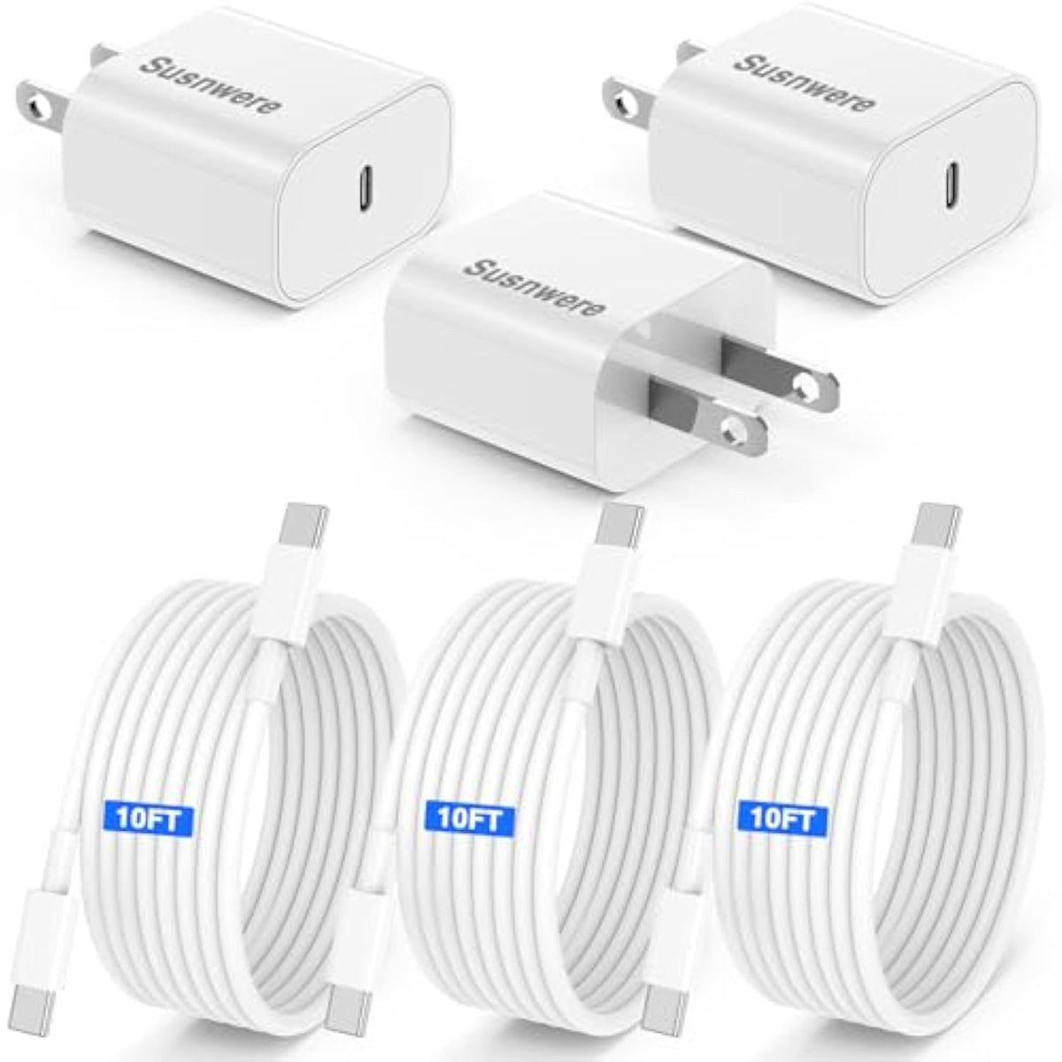 Genuine 20W Usb C Charger Block - 2 Pack Fast Charger For Iphone 15/16, Ipad Pro, Airpods, Samsung - 3 Pack 10Ft Usb-C Cable