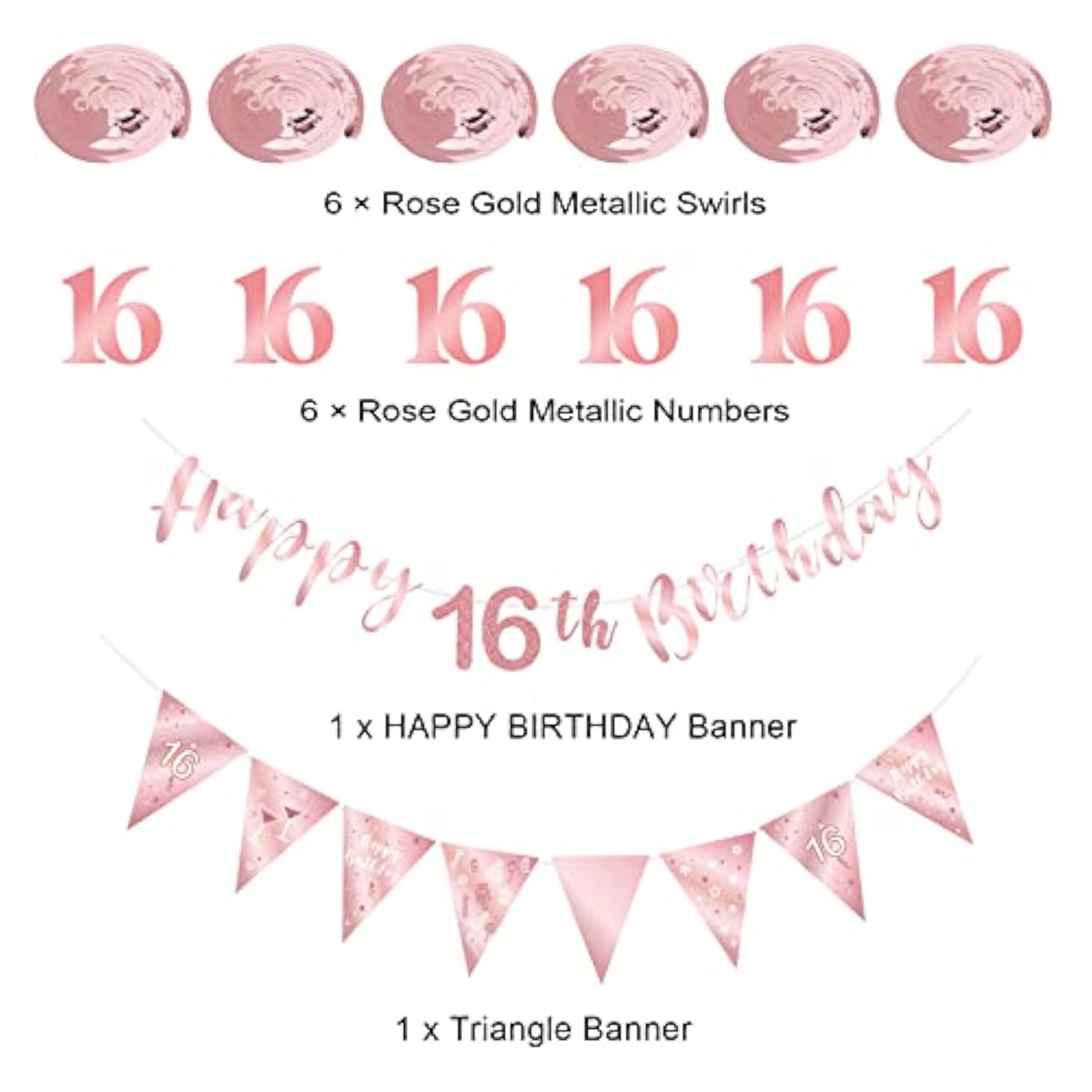 Rose gold 16th birthday decor with banner, bunting, swirls & triangle flags