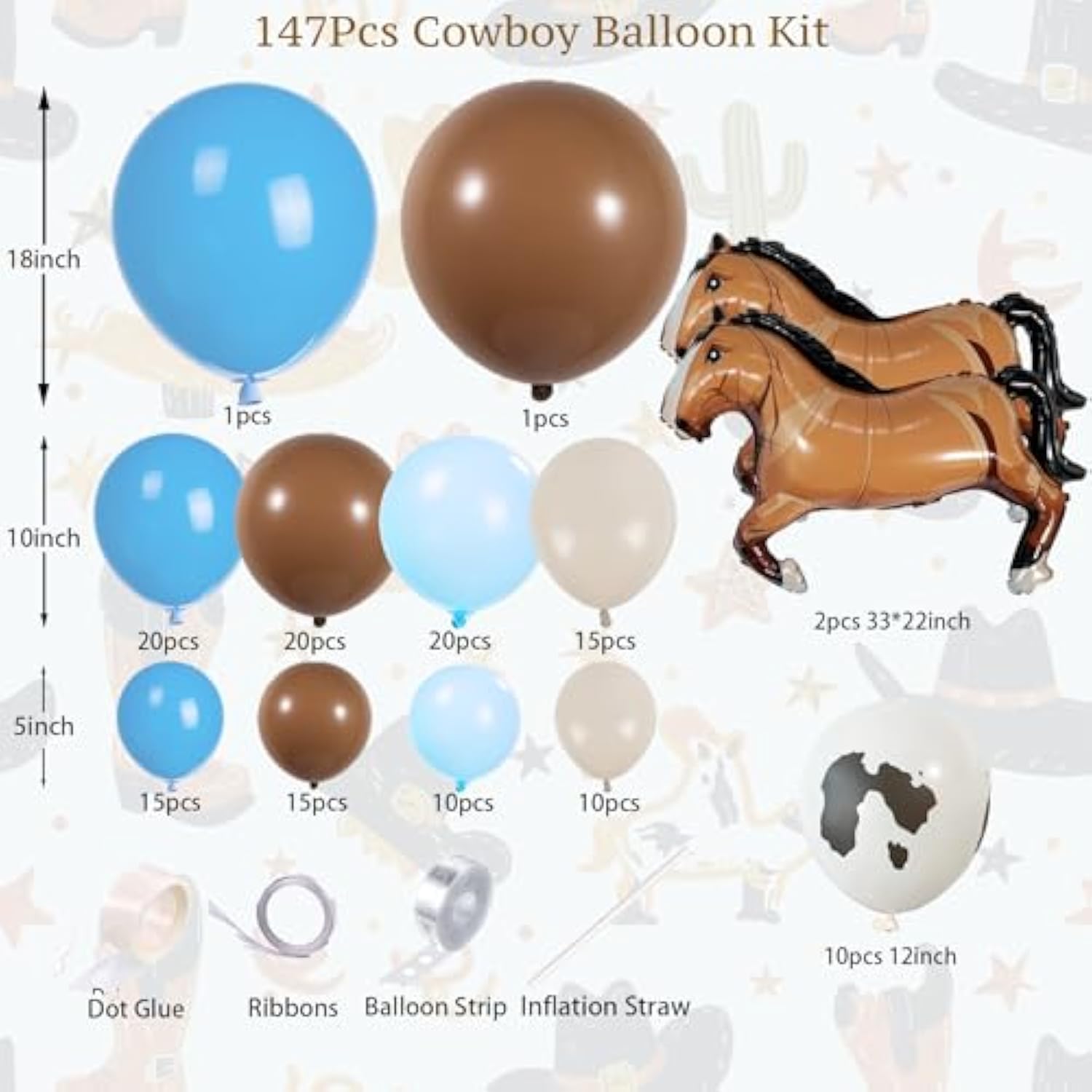 147Pcs Cowboy Balloon Arch Brown, Blue, Cow Print Balloons Giant Horse Balloon Farm Highland Cow Vaquero Party Decorations Western & Rodeo Birthday Holy Cow Baby Shower Themed Party Supplies For Boy
