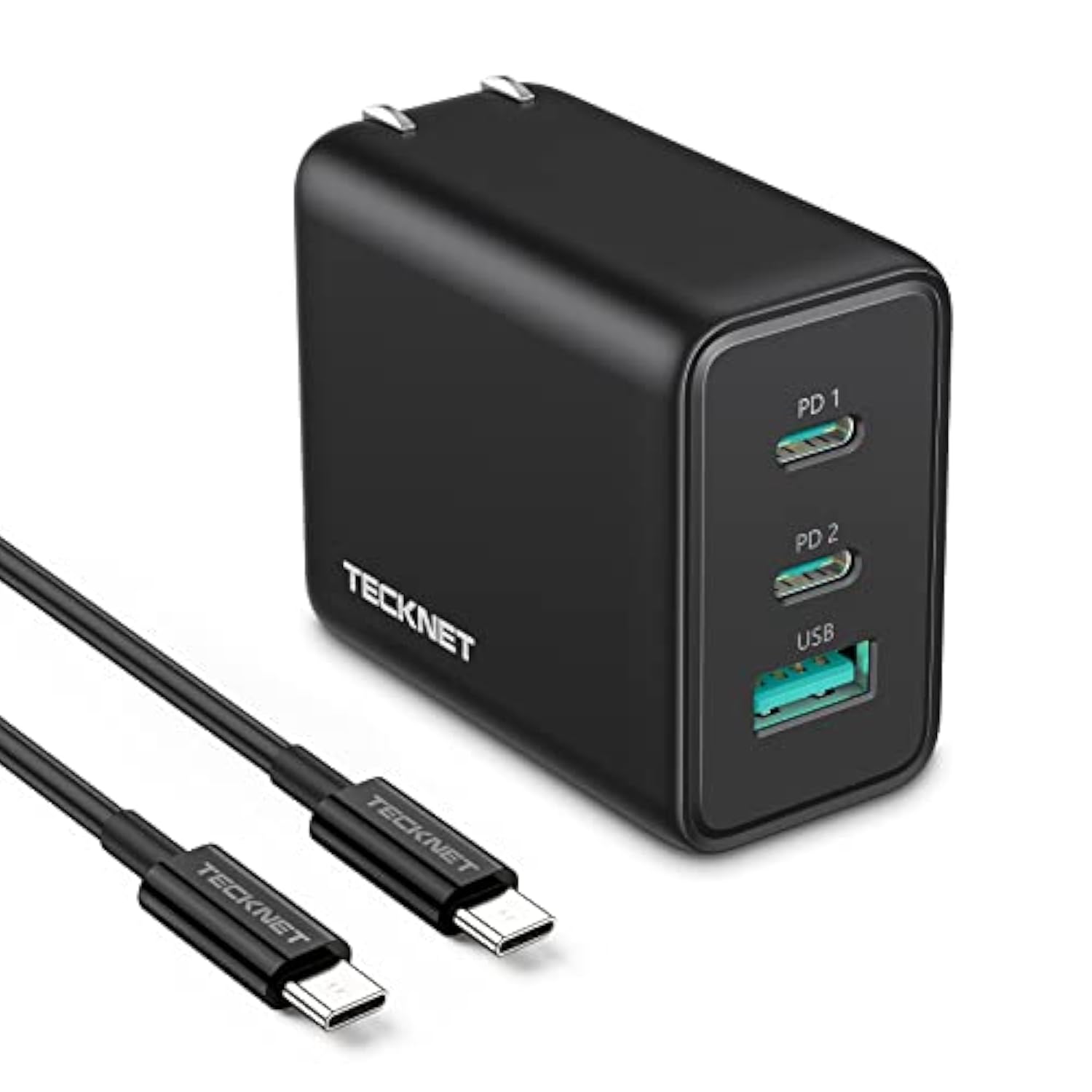 TECKNET 65W GaN Wall Charger PD 3.0 USB-C Travel Adapter,3-Port Foldable Fast Charger with 5ft Cable for iPhone 16 Pro Max/16 Plus/16/15/iPad/Galaxy S24/S25/MacBook Pro/Switch? and More Series