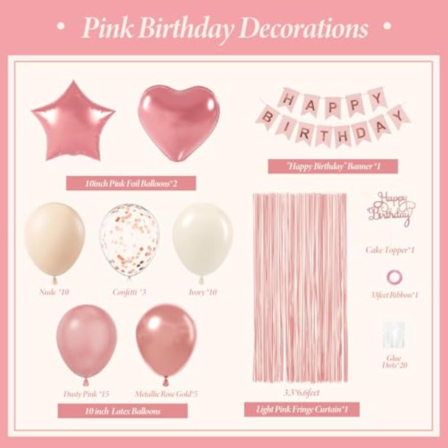 Metallic Rose Gold Dusty Pink Balloons, Happy Birthday Banner, Pink Fringe Curtains For Women'S Birthday Decorations