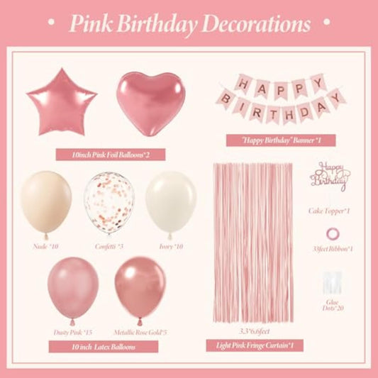Metallic Rose Gold Dusty Pink Balloons, Happy Birthday Banner, Pink Fringe Curtains For Women'S Birthday Decorations