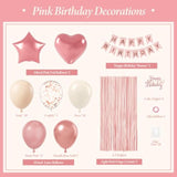 Metallic Rose Gold Dusty Pink Balloons, Happy Birthday Banner, Pink Fringe Curtains For Women'S Birthday Decorations