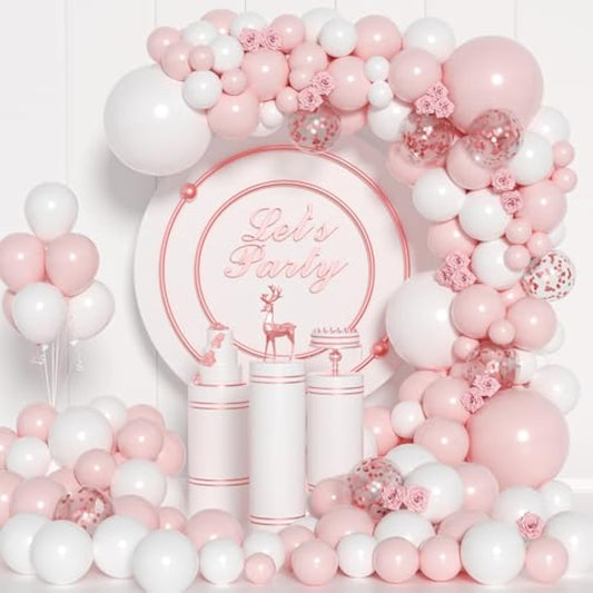 Pink And White Balloon Arch Kit, 140Pcs Macaron Pink Balloon Matte White Balloon 18 12 10 5 Inch Different Size Balloons For Engagement Wedding Birthday Baby Shower Gender Reveal Decorations