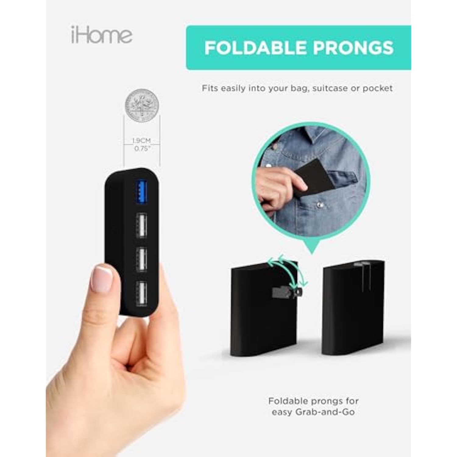 iHome Slim 4-Port USB Wall Charger, AC Pro Multiport Plug Adapter, Phone Charging Block with 4 Ports, Flat USB Wall Adapter for Home & Travel