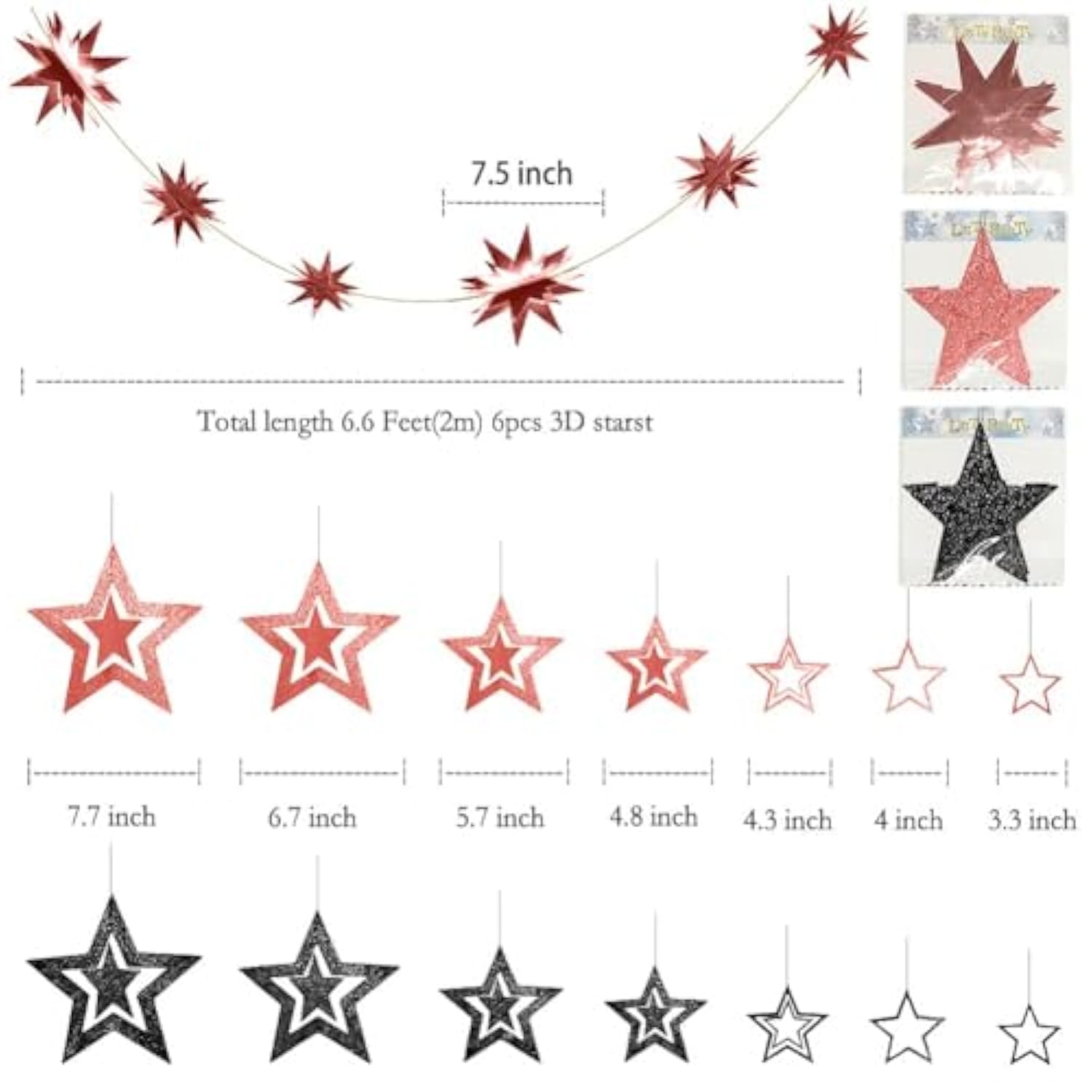 Glitter Black Rose Gold Star Garland Twinkle Little Star Party Decoration Hanging Decor Backdrop Banner Streamer Birthday Bday Bridal Baby Shower Bachelorette Christmas Party Supplies