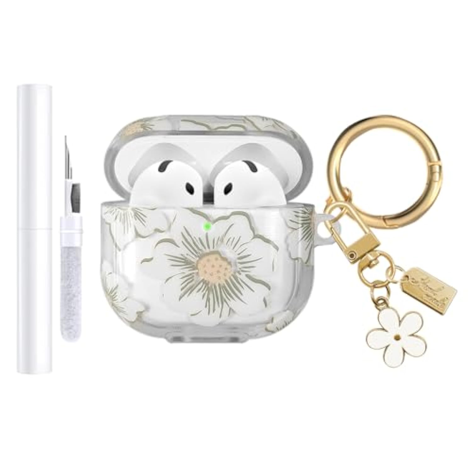 Compatible With Airpods 4 Case Cover 2024, Soft Tpu With Cute Flower Pattern For Airpods 4Th Generation Case With Flower Keychain And Cleaning Kit For Girls Women (White)