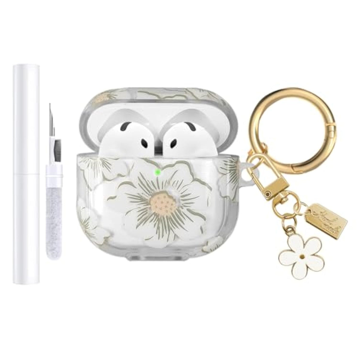 Compatible With Airpods 4 Case Cover 2024, Soft Tpu With Cute Flower Pattern For Airpods 4Th Generation Case With Flower Keychain And Cleaning Kit For Girls Women (White)