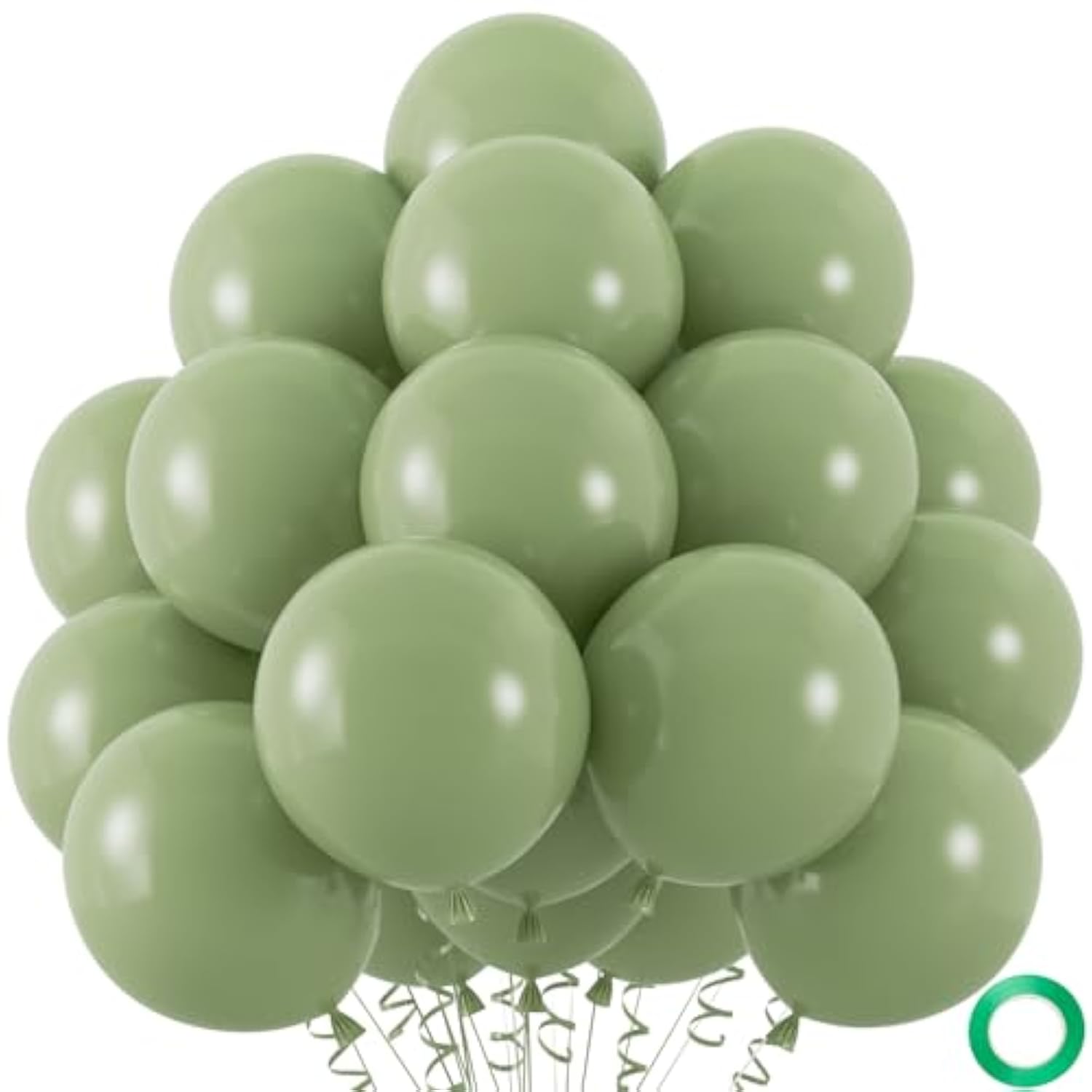 50 Pc Sage Green 12 Inch Helium Balloons with Ribbons for Party Decorations