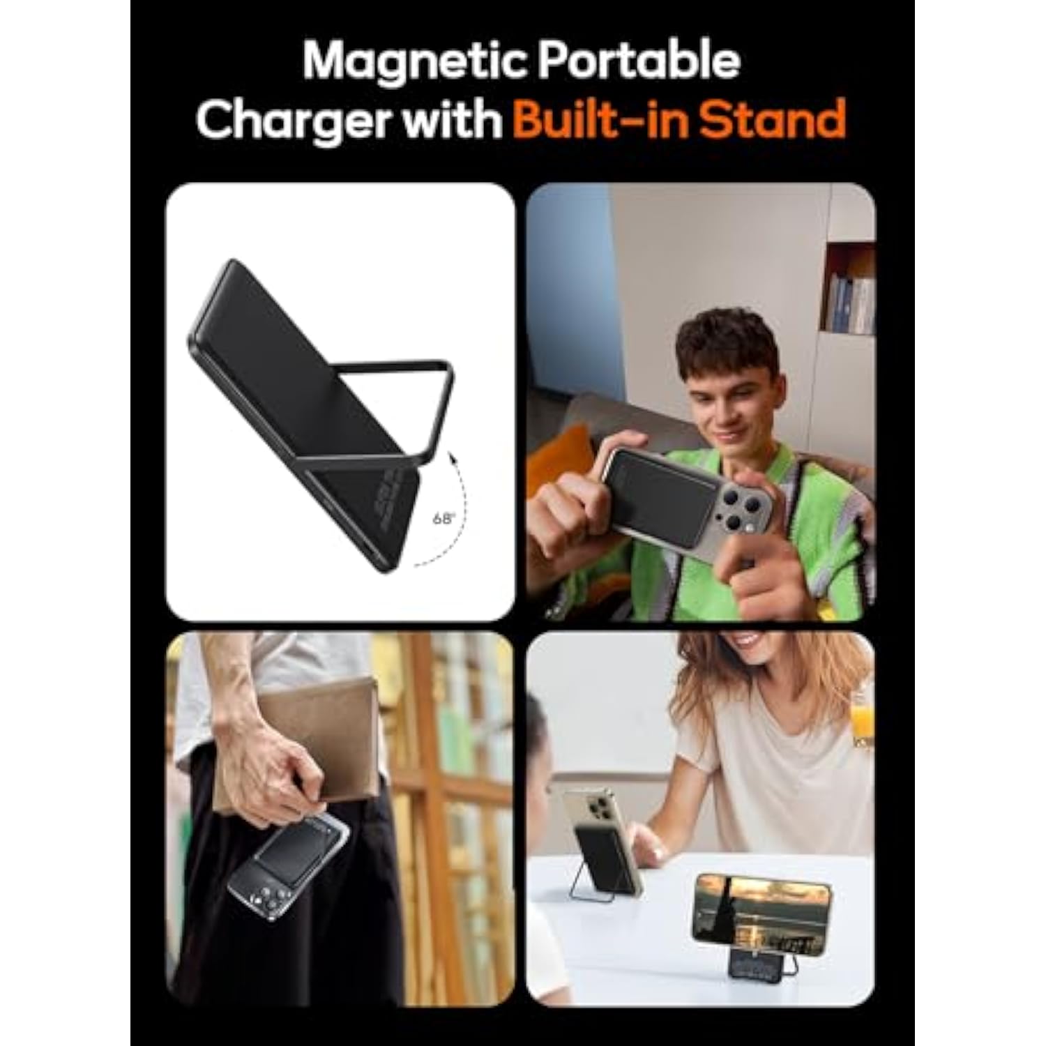 0.3" Ultra Slim Magnetic Power Bank, 5000Mah Wireless Portable Charger With Foldable Stand And Usb C Cable, Fast Charging Magnetic Battery Pack Compatible With Iphone 16/15/14/13/12,Travel Essentials
