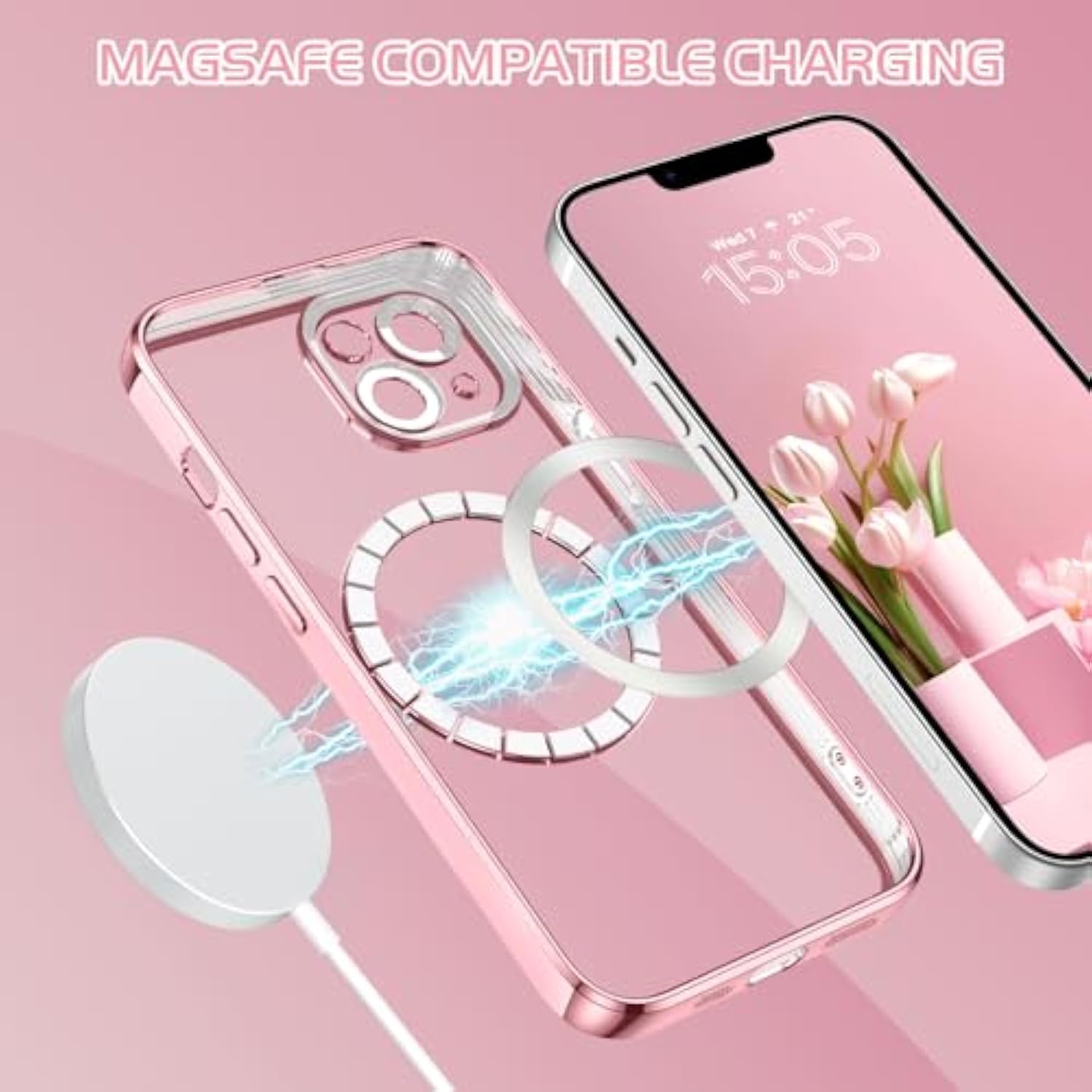 For Iphone 14 Case With Magnetic [Compatible With Magsafe] Luxury Clear Glitter Bling Shockproof Protective Cover Full Camera Lens Protector Women Girls- Pink