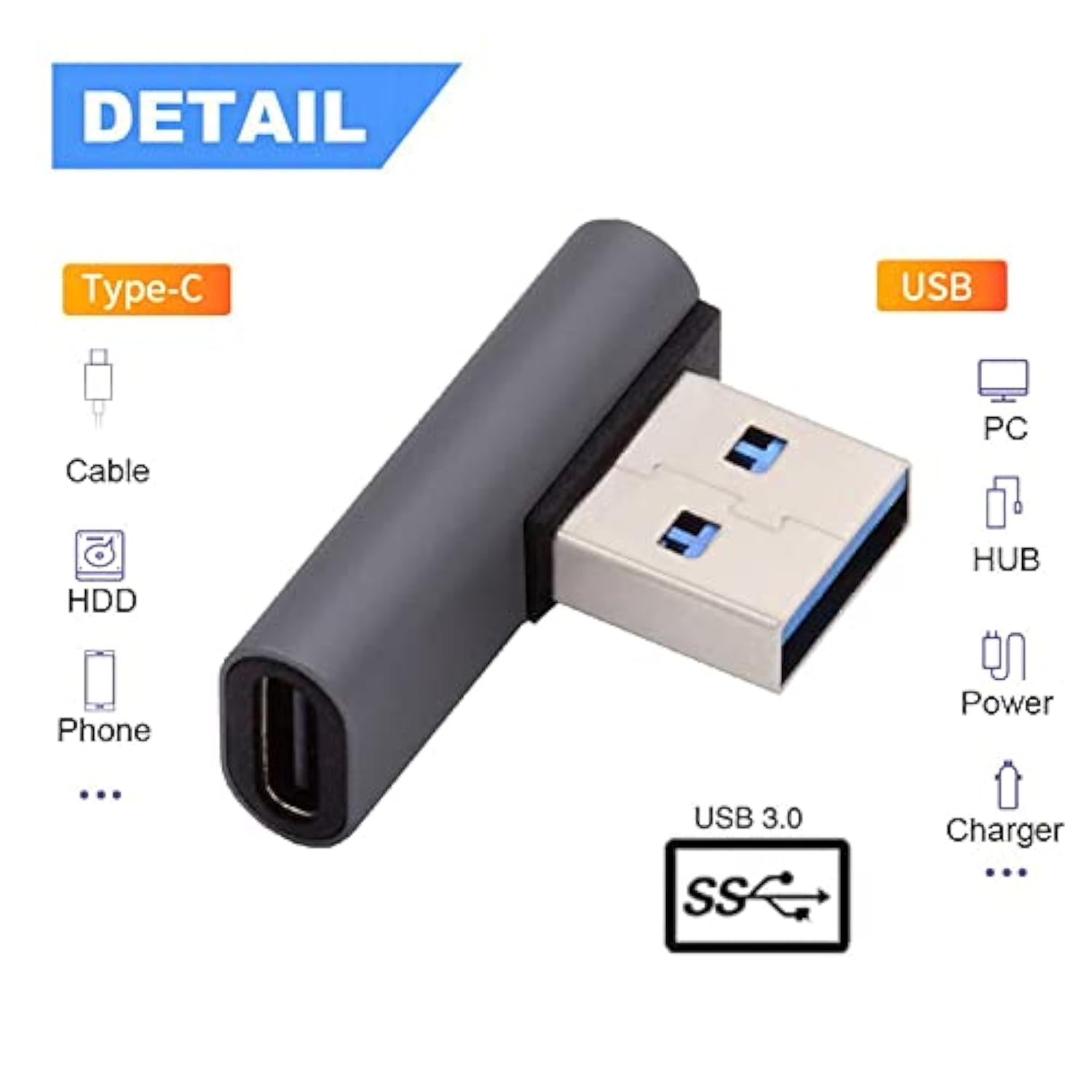 Cablecc USB-C Type C Female 90 Degree Left Angled Low Profile to USB 3.0 A Mal