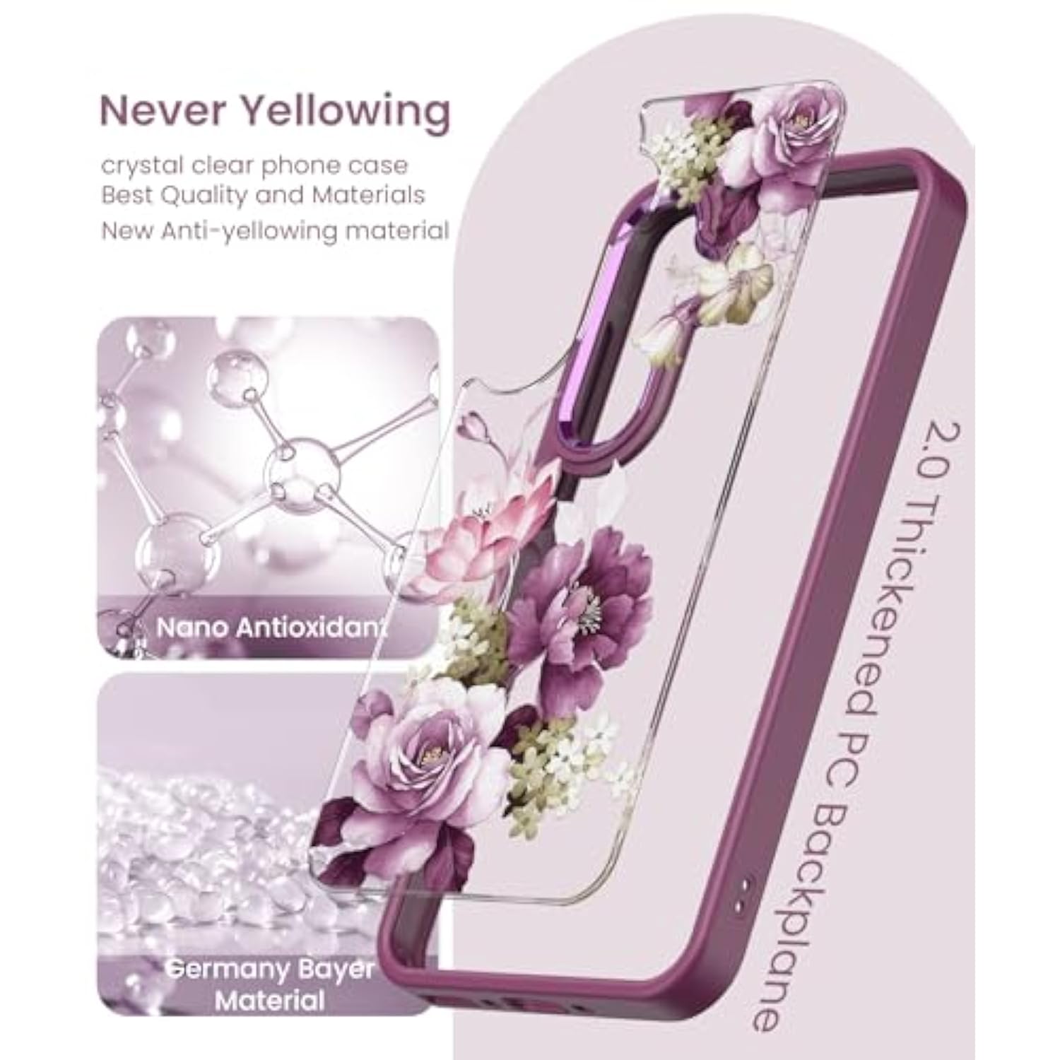 For Samsung Galaxy A35 5G Case+Tempered Glass Screen Protector, Grade Protective Slim Soft Tpu & Hard Pc,Girls Women Crystal Clear Flower Pattern Case Cover For A35 5G-Purple