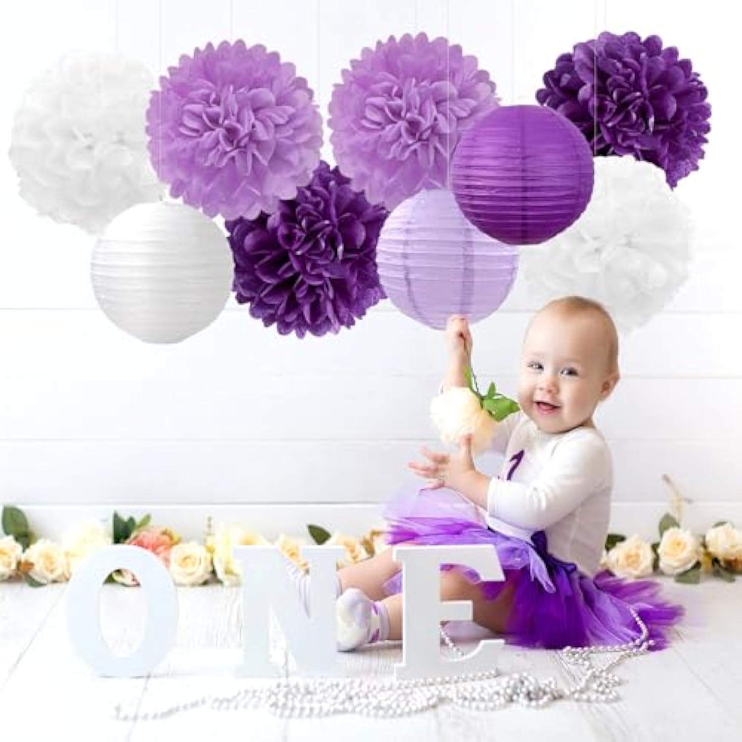 Purple-White Lavender Party Decorations Paper Flowers Lanterns - 15Pcs Birthday Graduation Tissue Pom Poms Streamers, Baby Bridal Shower Wedding Retirement Bachelorette Hanging Supplies Decor