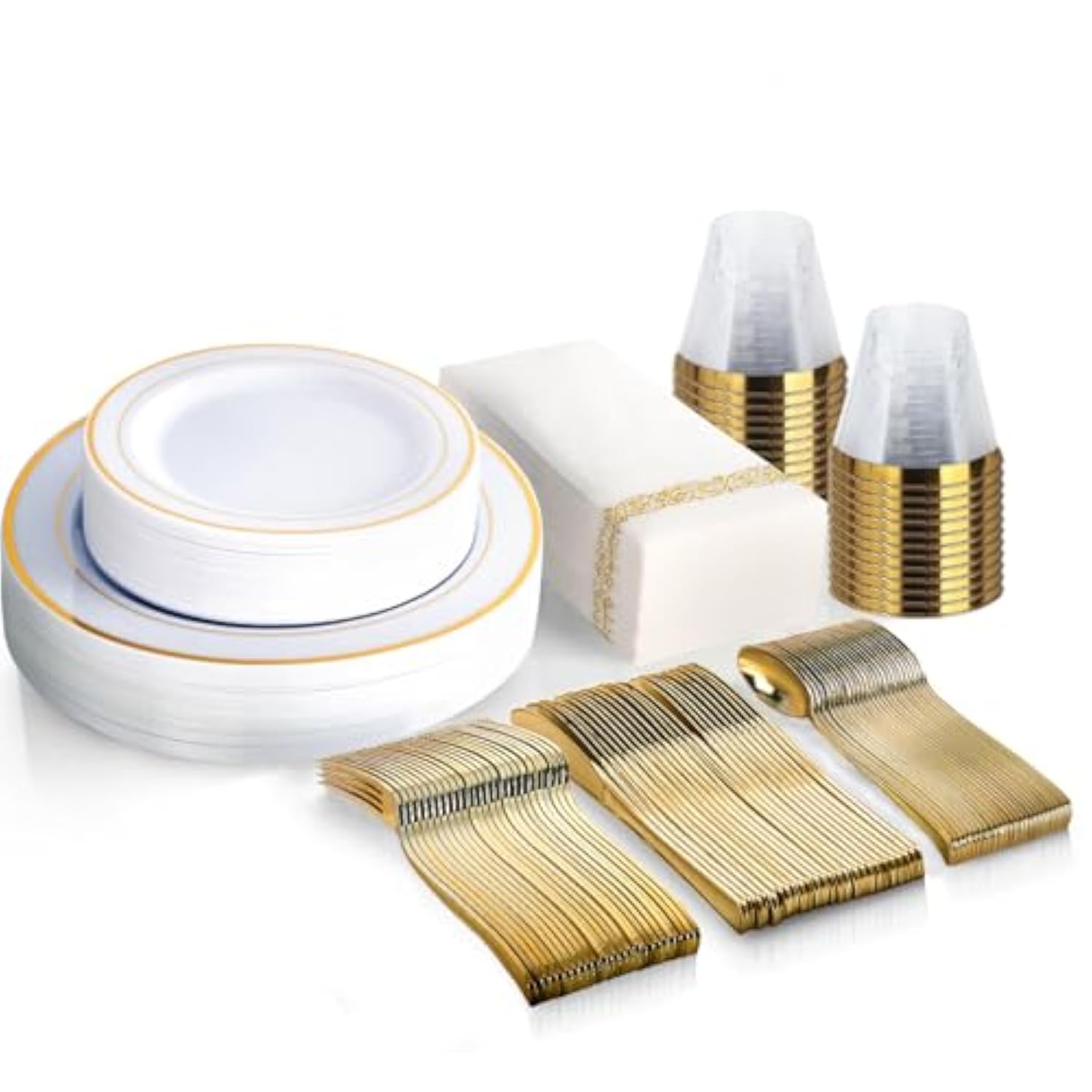 175-piece gold disposable dinnerware set with plates, silverware, cups & napkins