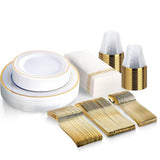 175-piece gold disposable dinnerware set with plates, silverware, cups & napkins