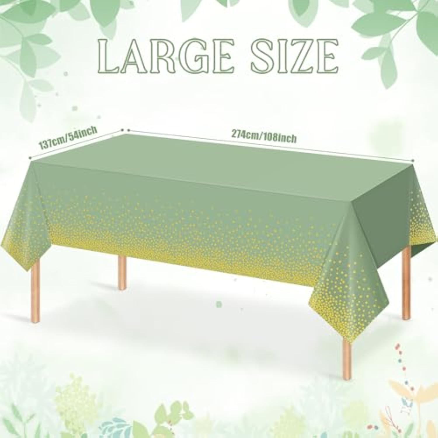 3 Pack Sage Green And Gold Plastic Tablecloth, Green Disposable Table Cloth For Rectangle Tables, Gold Dot Light Green Tablecloth For Baby Shower Birthday Wedding Party Decorations, 54"X108"