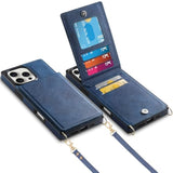 For Iphone 16 Pro Max Case With Card Holder Crossbody Lanyard Strap Leather Wallet Case With Magnetic Clasp Kickstand Heavy Duty Protective Flip Cover For Iphone 16 Pro Max For Women, Navy