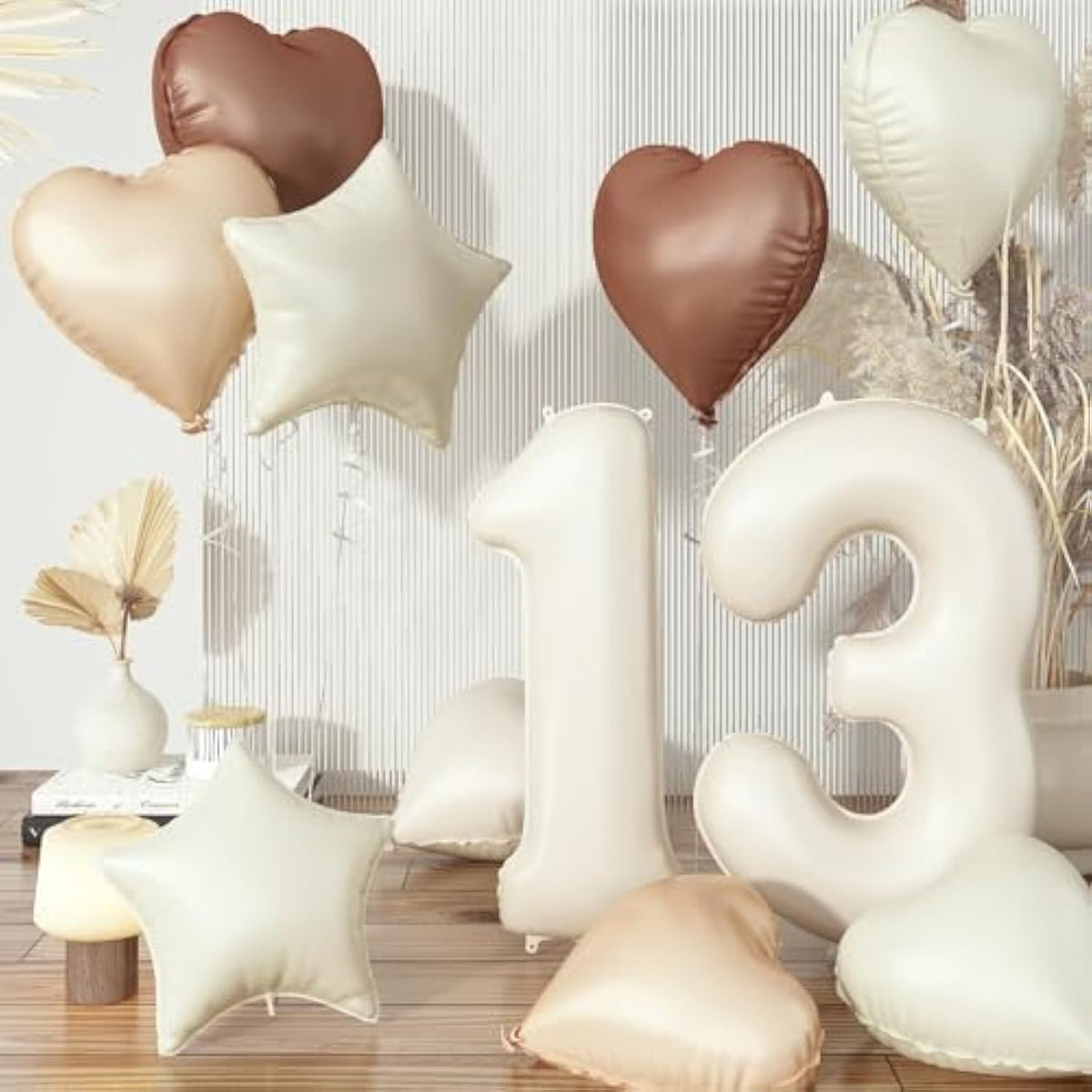 Cream 13 Balloons Decor, Beige Nude Apricot Brown Tan Foil Star Heart Balloons, 40'' White Sand Helium Neutral Number 13 Balloon For Girls 13Th Birthday Wedding Anniversary Party Decoration Supplies