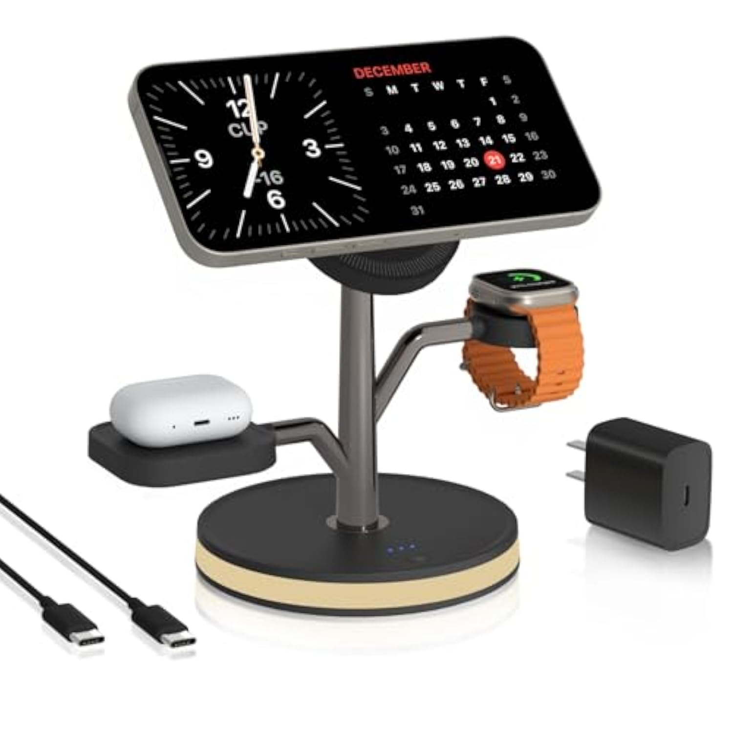 3 In 1 Charging Station For Apple Devices, Fast Charging Magsafe Charger Stand With Led Light And 20W Pd Adapter, Wireless Nightstand Charger For Iphone16/15/14/13/12 Series& Airpods& Iwatch And More