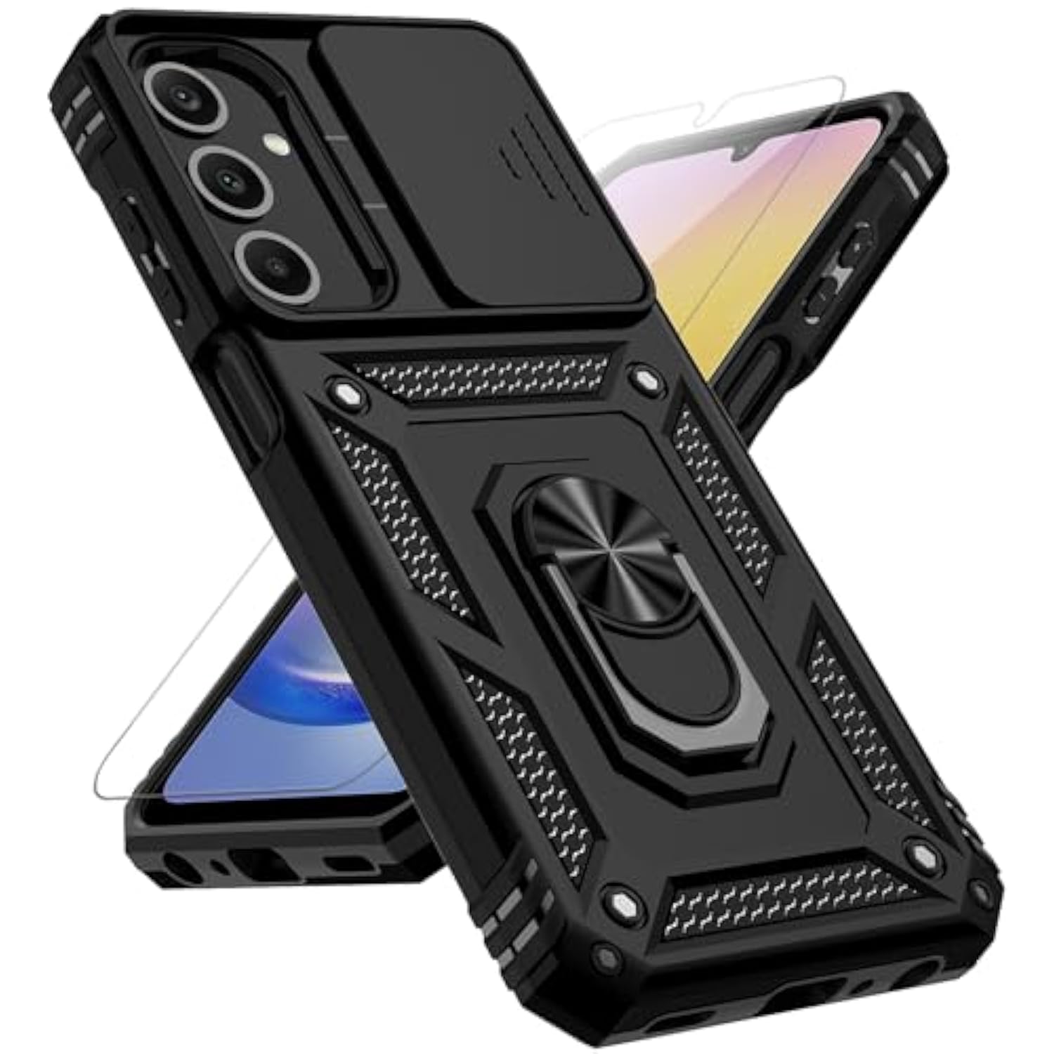 For Samsung Galaxy A25 5G Case With Slide Camera Cover Hd Screen Protector [Military Grade 16Ft. Drop Tested] Magnetic Ring Holder Kickstand Protective Phone Case For Galaxy A25 5G 2024, Black