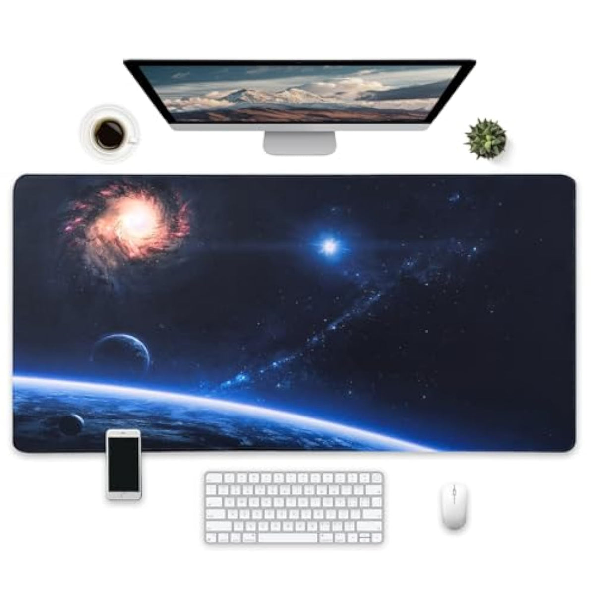 Extended Xxl Desk Mat With Cosmic Design,Space Galaxy With Gaming Mouse Pad, Computer Mouse Pad With Blue Earth And Stars,Mouse Pad Gaming For Gamer, Office & Home?31.5X15.7 Inches