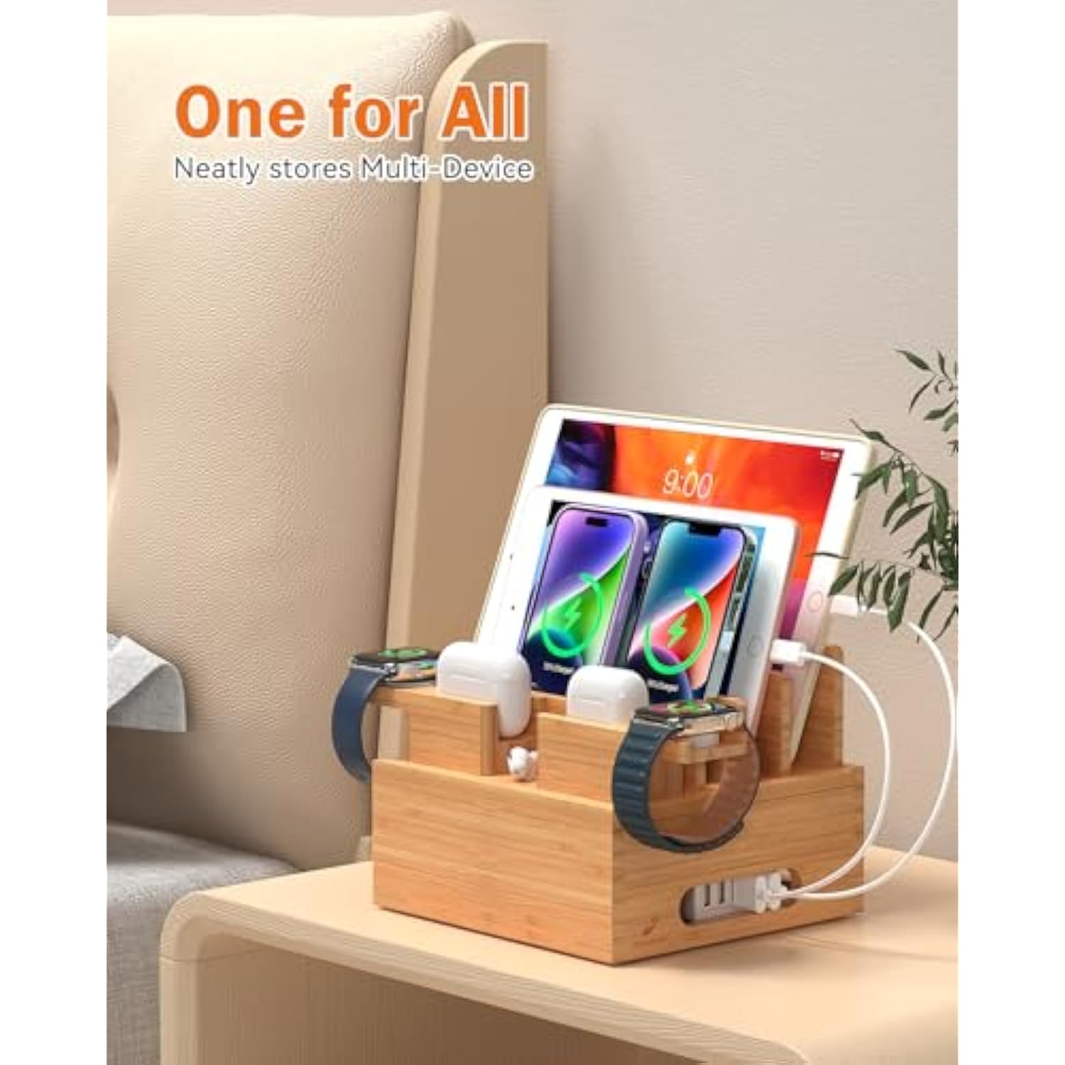 Bamboo Charging Station For Multiple Devices, With Power Charger, Wire Cables 5 Pack, Compatible With Multi Phones & Tablet, For Earbuds & Smart Watch