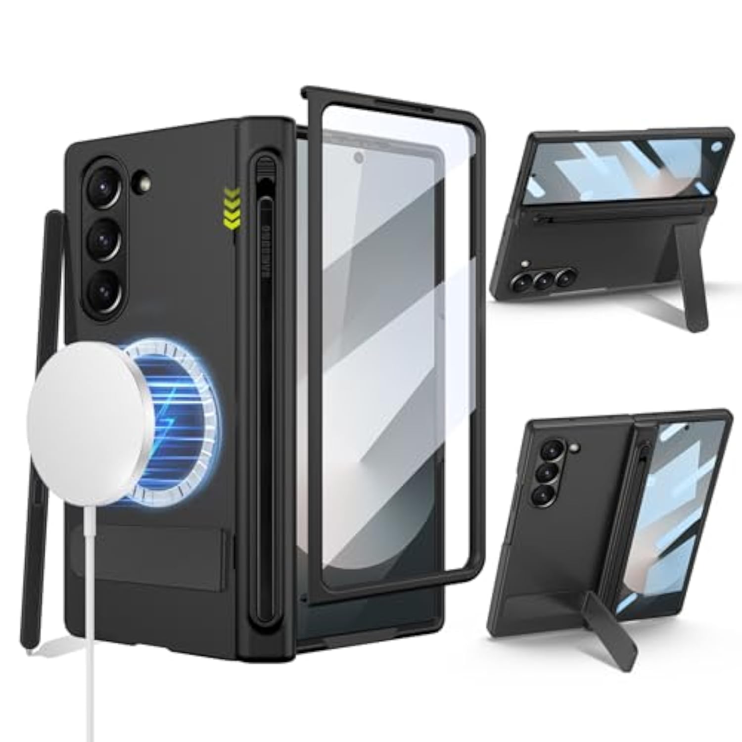 For Samsung Galaxy Z Fold 6 Case With New Integrate Thinner Pen Holder, Adjustable Metal Stand, For Round Shape Magsafe Accessories, Built In Screen Protector, Magnetic 2024, Black