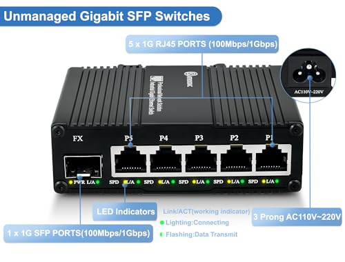 Mini 6 Port Multi-Gigabit Unmanaged Ethernet Switch With 5 X 1.25G Base-T Ports And 1 X 1.25G Sfp Slot Network Switch Compatible With 100/1000Mbps Metal Case Fiber Switch With Power Cord