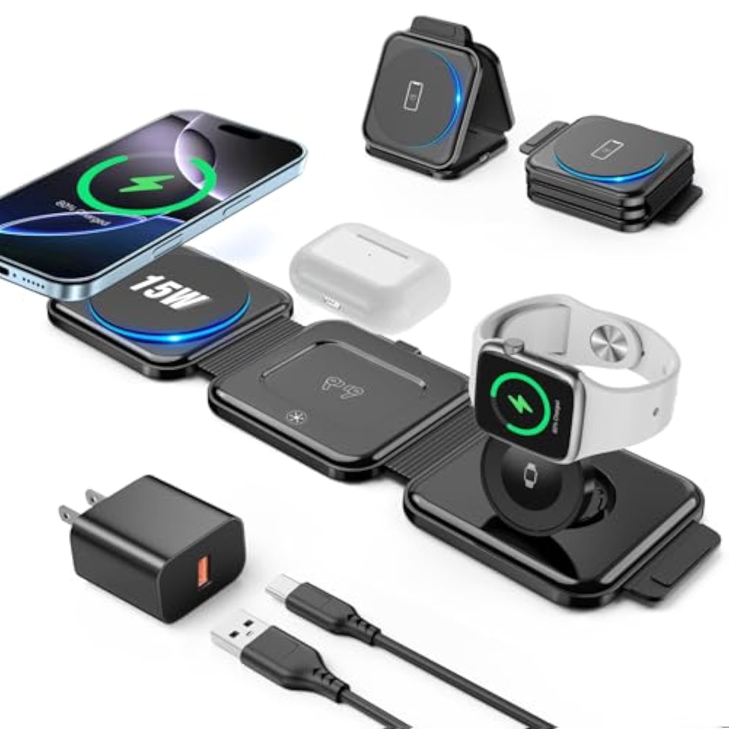 3 In 1 Charging Station For Apple Devices 20W Foldable Mag-Safe Charger For Travel Wireless Charger Pad For Iphone 16 15 14 13 12 Pro/Pro Max/Plus/Mini Airpods 2/3/Pro Iwatch Ultra/8/7/Se/6/5/4/3/2