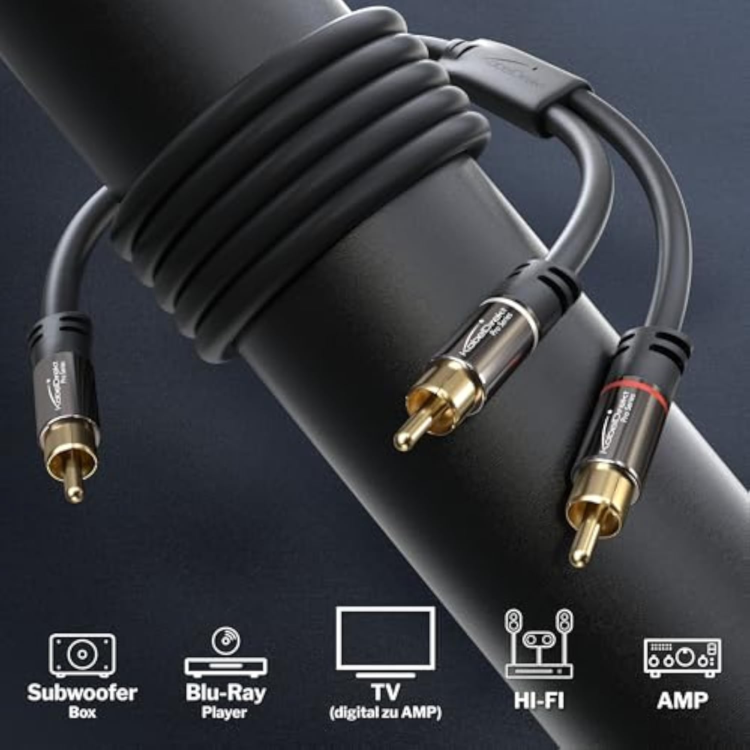 KabelDirekt – RCA/Phono Y Cable – 25ft Long – 1 to 2 RCA/Phono, Stereo Audio Cable (Coax, Male/Male Plugs, Analog/Digital, Adapter for subs/amps/Hi-Fis/Home Theater/receivers, Black)