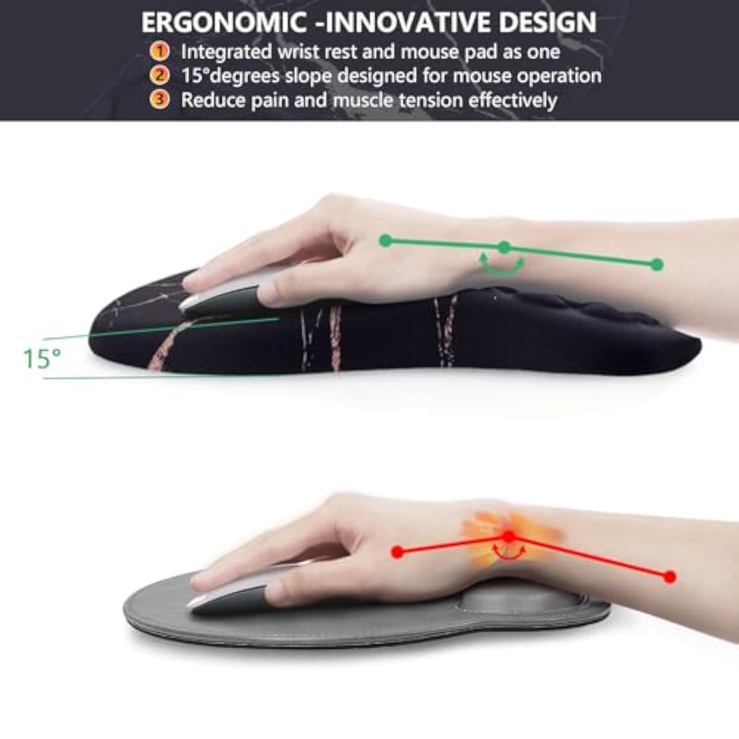 Mouse Pad Wrist Support, Ergonomic Mouse Pad With Wrist Rest, Comfortable Computer Mouse Pad For Laptop, Pain Relief Mousepad With Non-Slip Pu Base Black Gold Marble