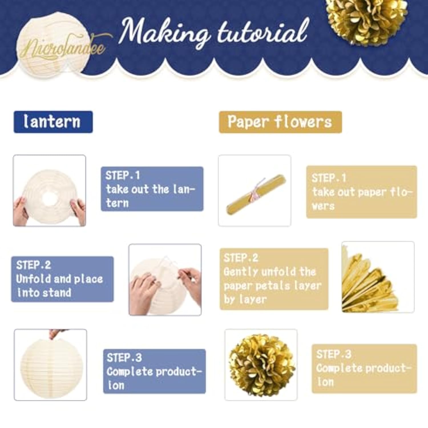 Navy Blue And Gold Decorations, 12Pcs Hanging Paper Lanterns Tissue Pom Poms Decor For Graduation Party, Winter Wedding, Mens Birthday, Memorial Day Decorations, New Years Party Supplies