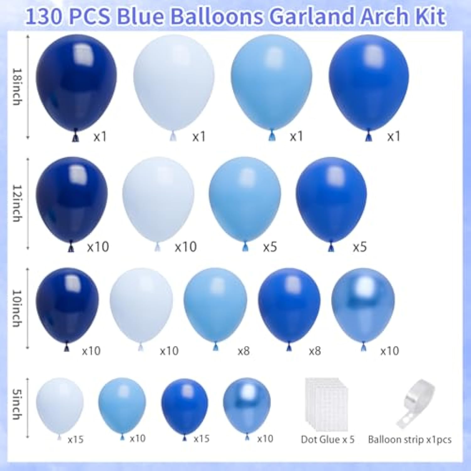 130pcs Blue Balloon Garland Kit for Baby Shower, Birthday, Graduation and Party Decorations