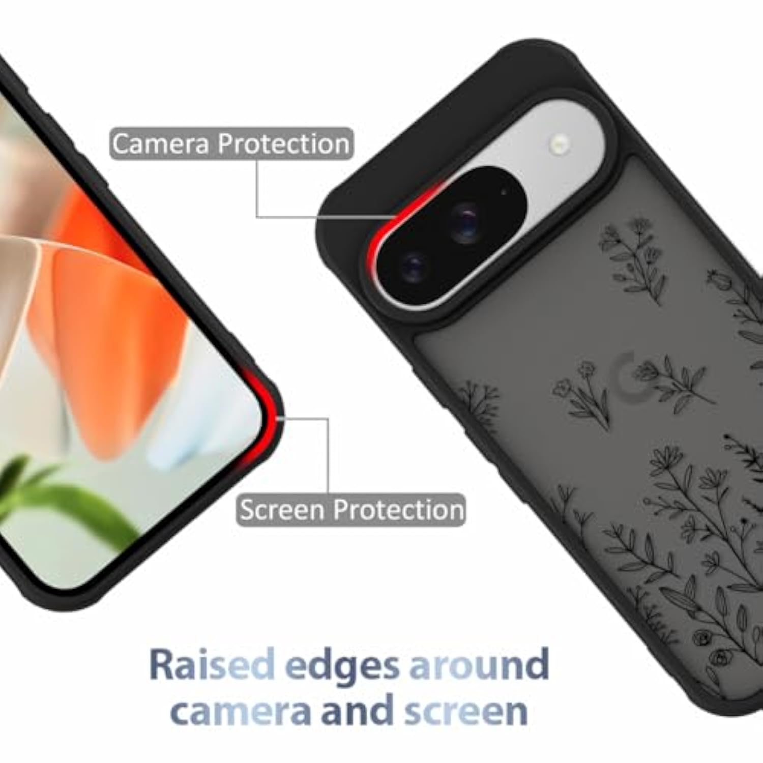 Case For Google Pixel 9, Google Pixel 9 Pro Cute Black Flower Floral Case For Women Girls Soft Tpu Bumper Hard Pc Back Anti-Fall Shockproof Protective Slim Cover