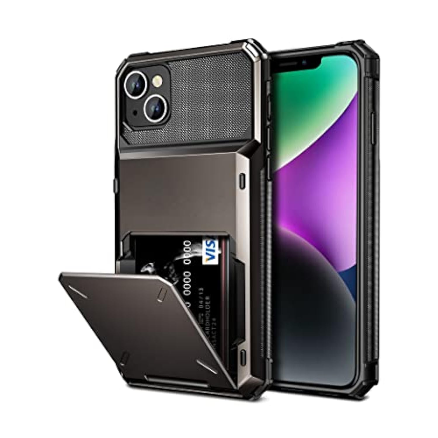 For Iphone 14 Case Wallet Cover 4-Card Credit Card Holder Id Slot Scratch Resistant Dual Layer Hybrid Protective Hard Shell Rugged Tpu Bumper Armor Case For Iphone 14 Case 6.1 Inch Gun