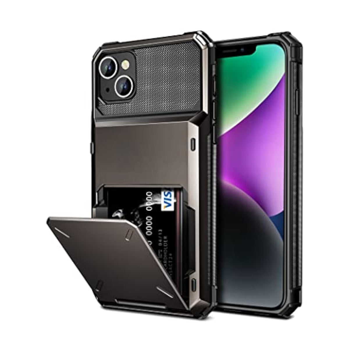 For Iphone 14 Case Wallet Cover 4-Card Credit Card Holder Id Slot Scratch Resistant Dual Layer Hybrid Protective Hard Shell Rugged Tpu Bumper Armor Case For Iphone 14 Case 6.1 Inch Gun