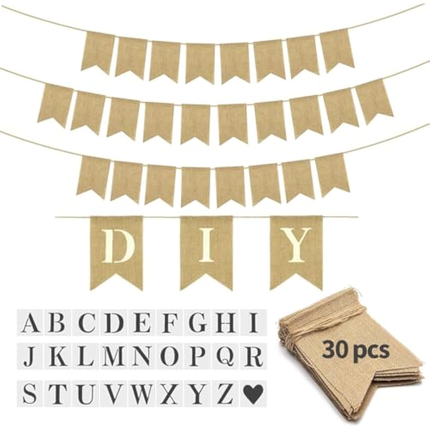 30Pcs Burlap Banner Pre-Stringed Diy Kit – Includes Letter & Heart Stencils, Blank Flags For Handwriting – Perfect For Christmas, Birthday, Wedding, Easter, 4Th Of July & Holiday Decor (5.1X7.1 Inch)