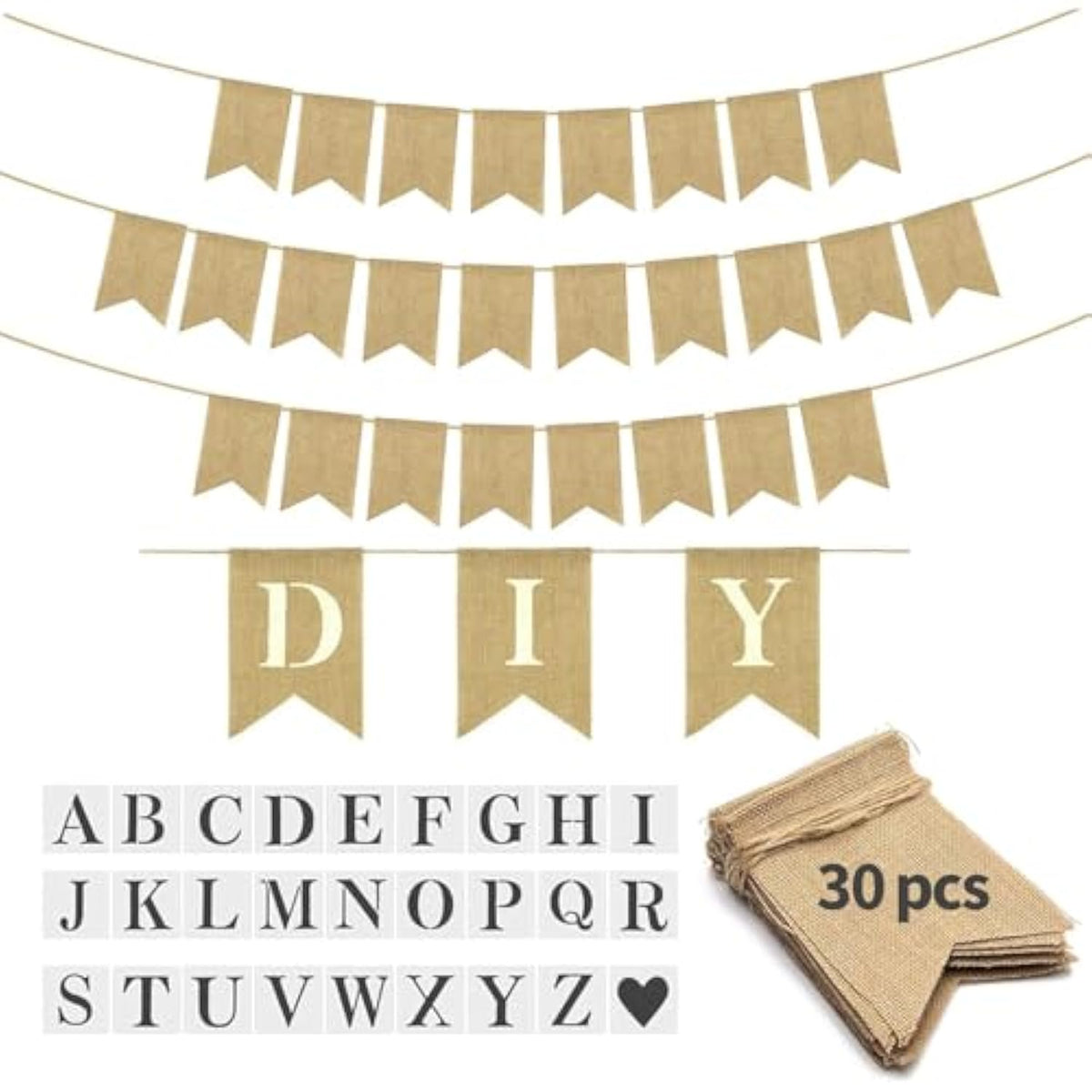 30Pcs Burlap Banner Pre-Stringed Diy Kit – Includes Letter & Heart Stencils, Blank Flags For Handwriting – Perfect For Christmas, Birthday, Wedding, Easter, 4Th Of July & Holiday Decor (5.1X7.1 Inch)