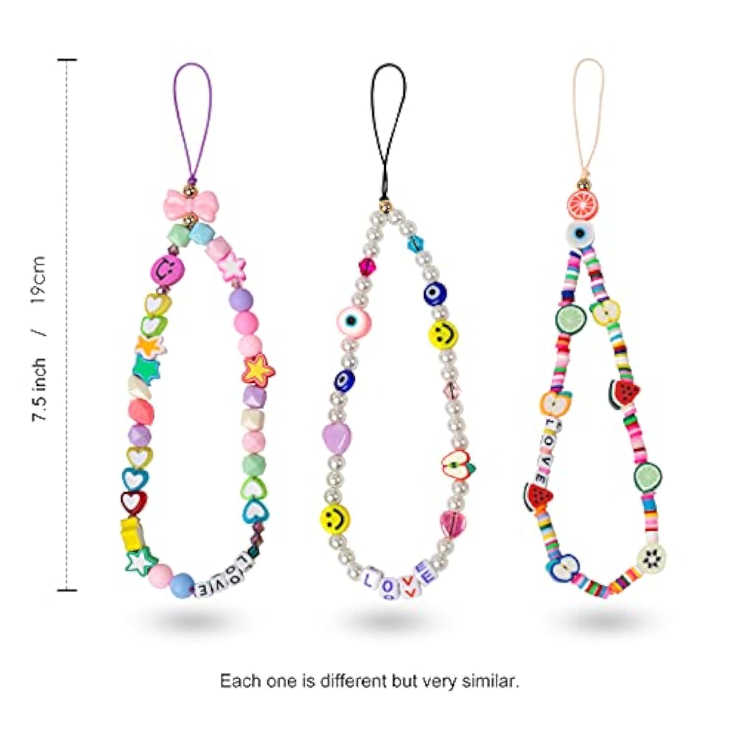 3-Pack Smile Face Beaded Phone Lanyards Rainbow Clay Pearl Wrist Straps
