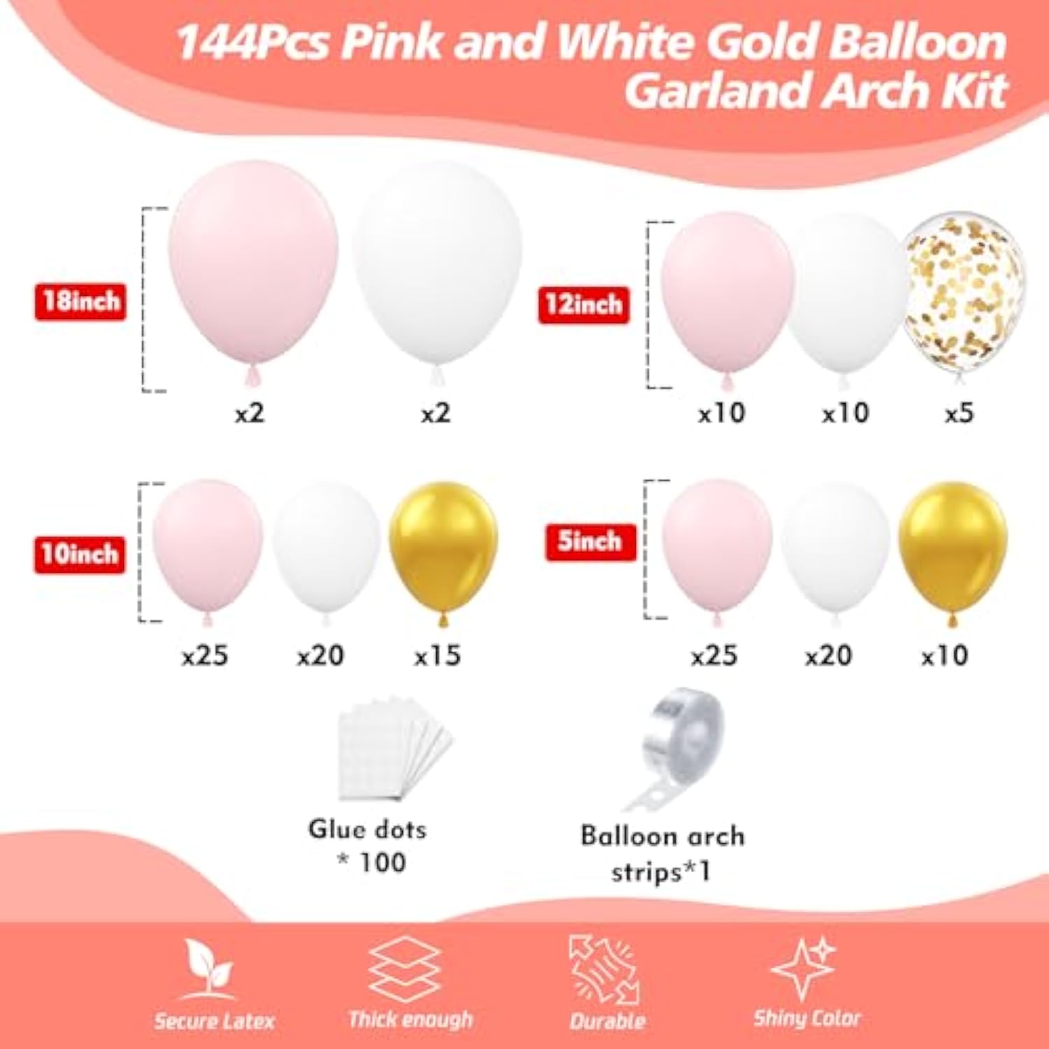 Pink And White Gold Balloon Garland Arch Kit - 144Pcs Girl Birthday Decorations Pink White Metallic Gold Balloons Different Size For Wedding Baby Bridal Shower Engagement Party Decorations
