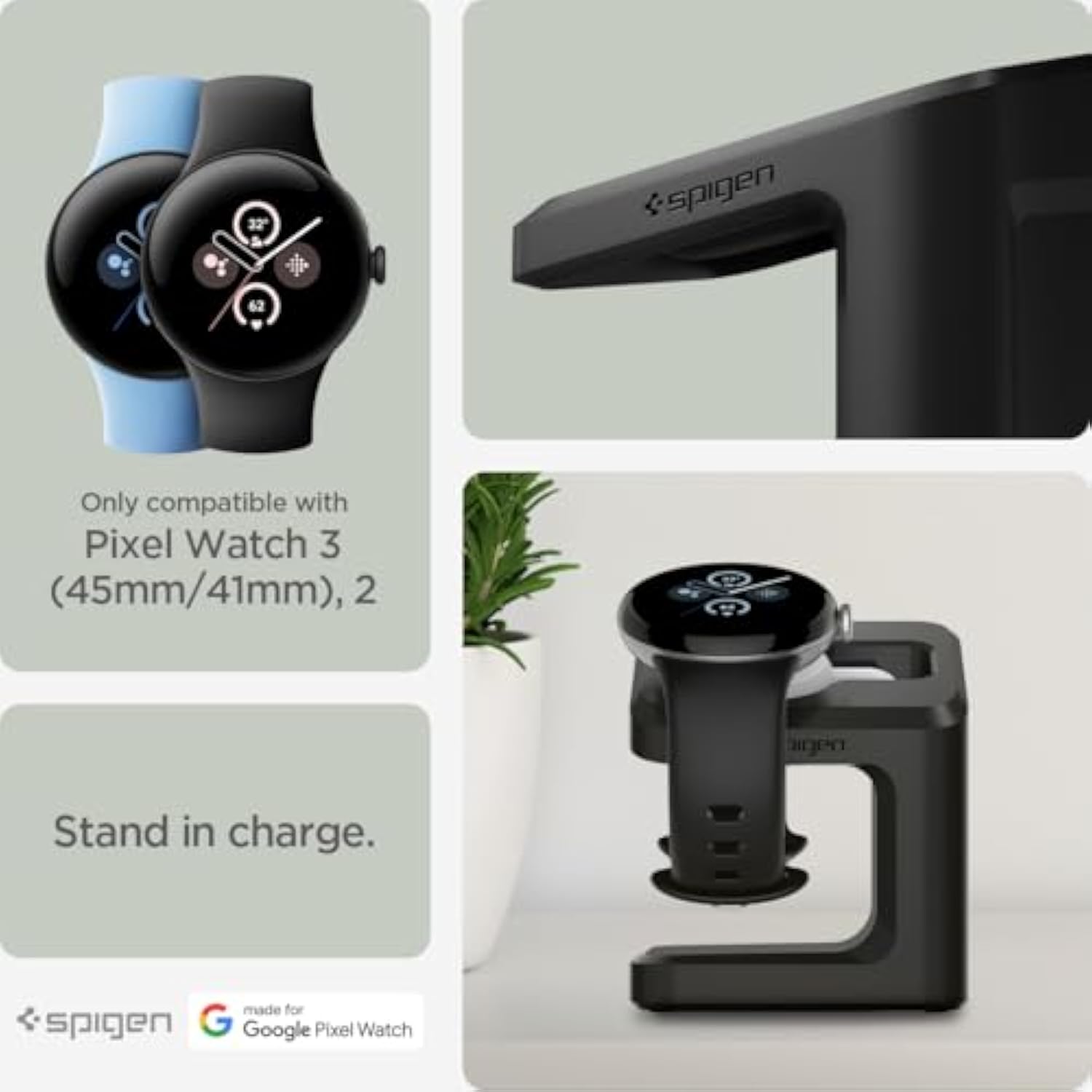 Spigen S355 Stand Designed for Google Pixel Watch 3/2 Charger Stand Durable TPU with Non-Slip Stable Base (NOT Compatible with Pixel Watch 1) - Black