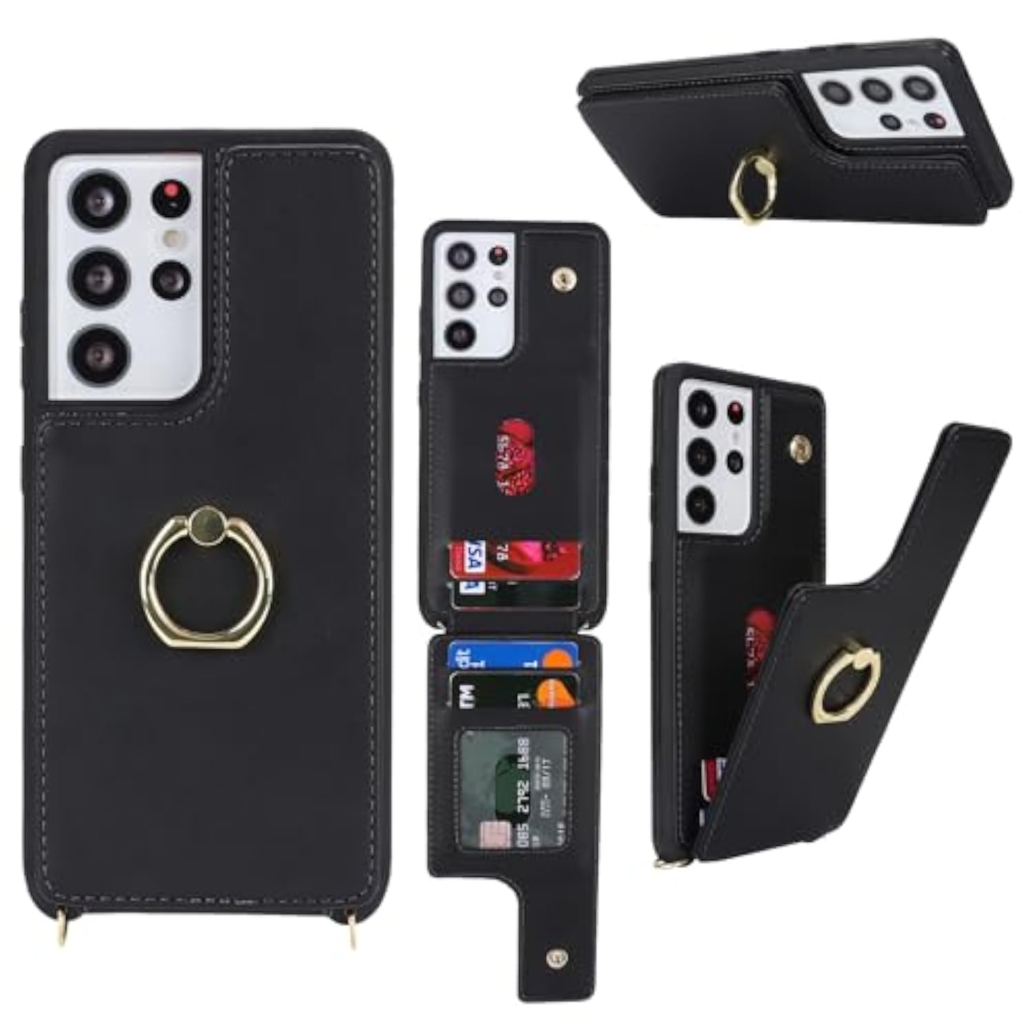 For Samsung Galaxy S21 Ultra Case With Card Holder And Strap For Women,Crossbody Lanyard,Ring Stand,Snap Clasp,Phone Wallet Cases 6.8 Inch(Black)