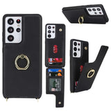 For Samsung Galaxy S21 Ultra Case With Card Holder And Strap For Women,Crossbody Lanyard,Ring Stand,Snap Clasp,Phone Wallet Cases 6.8 Inch(Black)