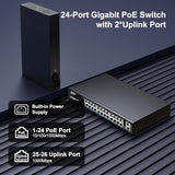 26 Port Gigabit Poe Switch With 24 Port Poe+ 1000Mbps, 2X1000Mbps Uplink, 26 Port Ieee802.3Af/At Poe @320W, Support Vlan, Metal Housing, Desktop Or Wall-Mount, Plug & Play
