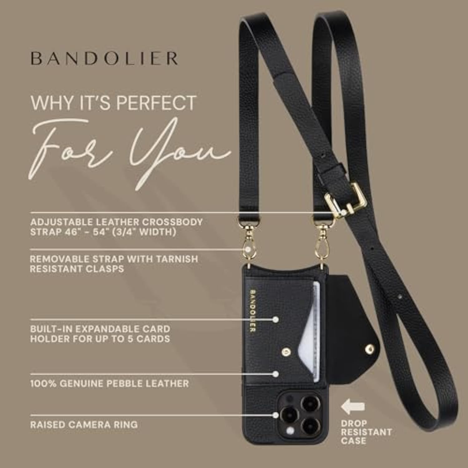 Bandolier Hailey Crossbody Wallet Phone Case for iPhone 16 Pro. 100% Genuine Pebble Leather with Gold Hardware. Adjustable & Removable Strap. Expandable Flip Card Holder. Black with Gold